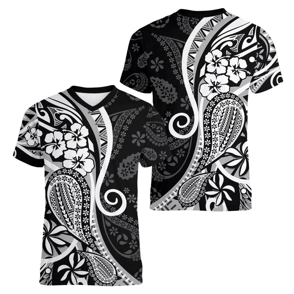 Black Polynesia Paisley Women V Neck T Shirt Polynesian With Tropical Flowers LT14 - Polynesian Pride