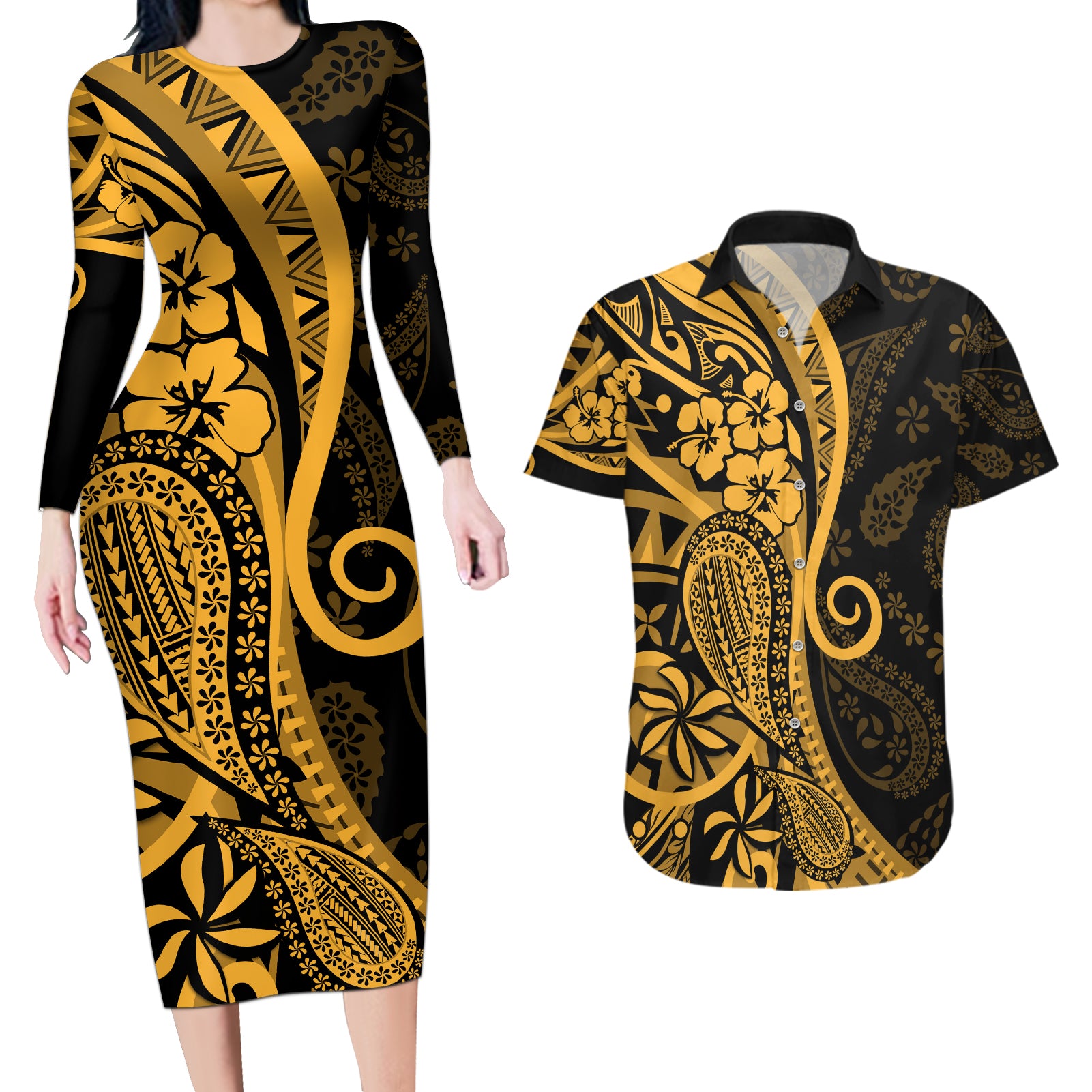 Gold Polynesia Paisley Couples Matching Long Sleeve Bodycon Dress and Hawaiian Shirt Polynesian With Tropical Flowers LT14 Gold - Polynesian Pride