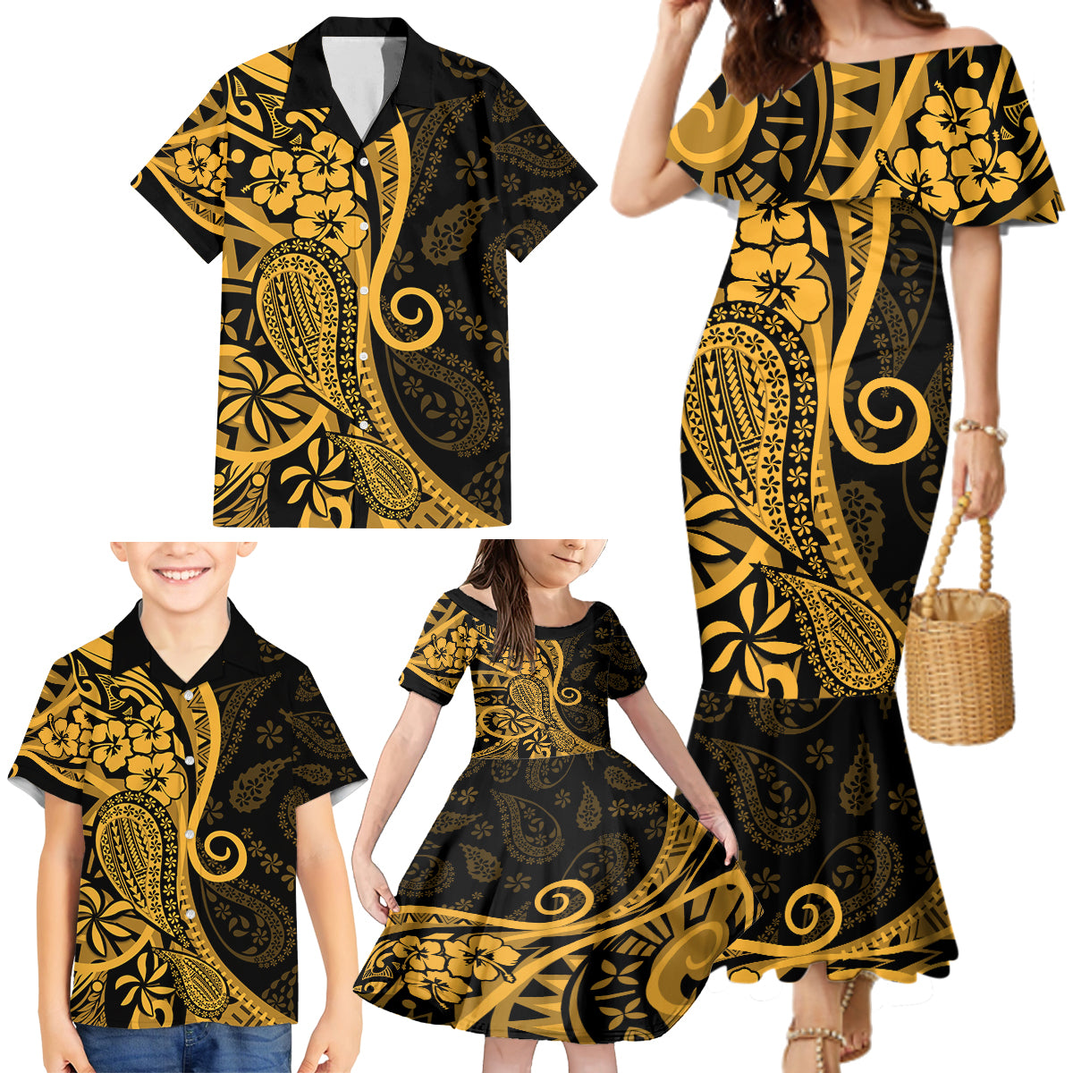 Gold Polynesia Paisley Family Matching Mermaid Dress and Hawaiian Shirt Polynesian With Tropical Flowers LT14 - Polynesian Pride