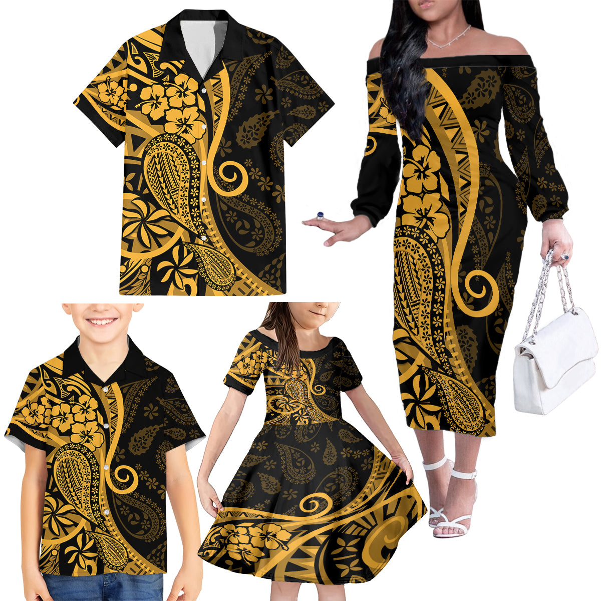 Gold Polynesia Paisley Family Matching Off Shoulder Long Sleeve Dress and Hawaiian Shirt Polynesian With Tropical Flowers LT14 - Polynesian Pride