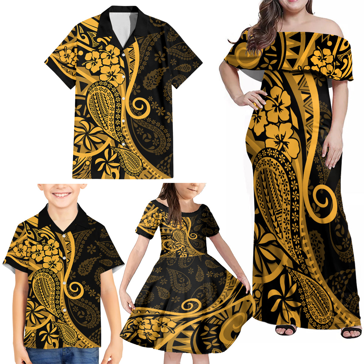 Gold Polynesia Paisley Family Matching Off Shoulder Maxi Dress and Hawaiian Shirt Polynesian With Tropical Flowers LT14 - Polynesian Pride