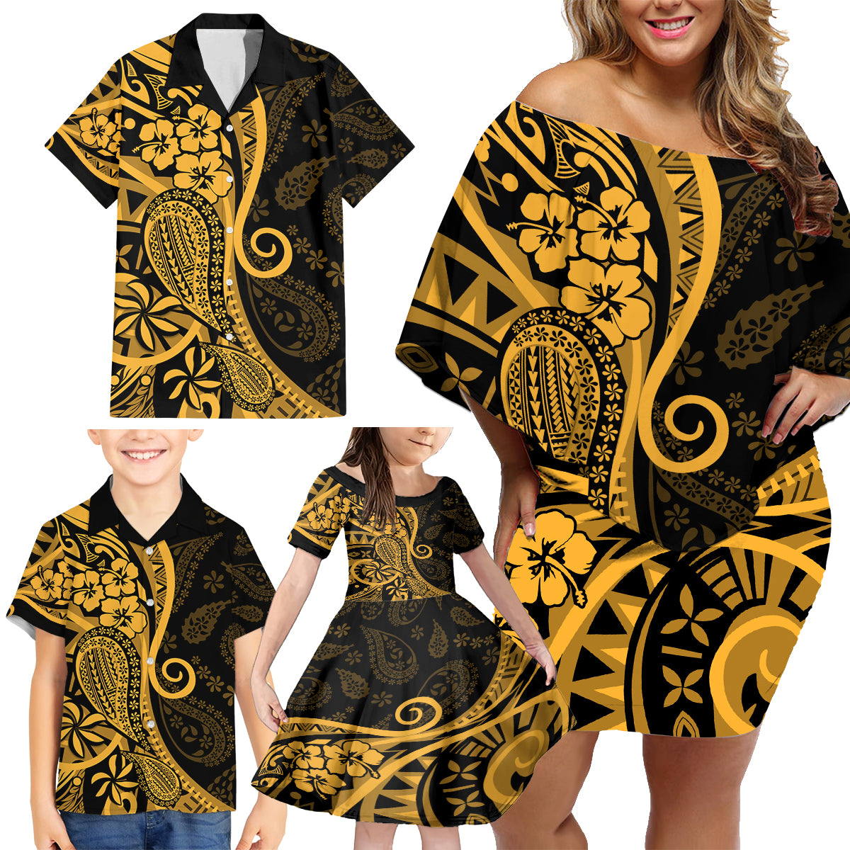 Gold Polynesia Paisley Family Matching Off Shoulder Short Dress and Hawaiian Shirt Polynesian With Tropical Flowers LT14 - Polynesian Pride