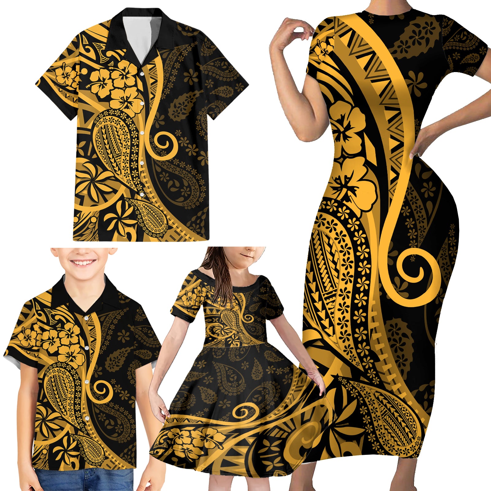 Gold Polynesia Paisley Family Matching Short Sleeve Bodycon Dress and Hawaiian Shirt Polynesian With Tropical Flowers LT14 - Polynesian Pride