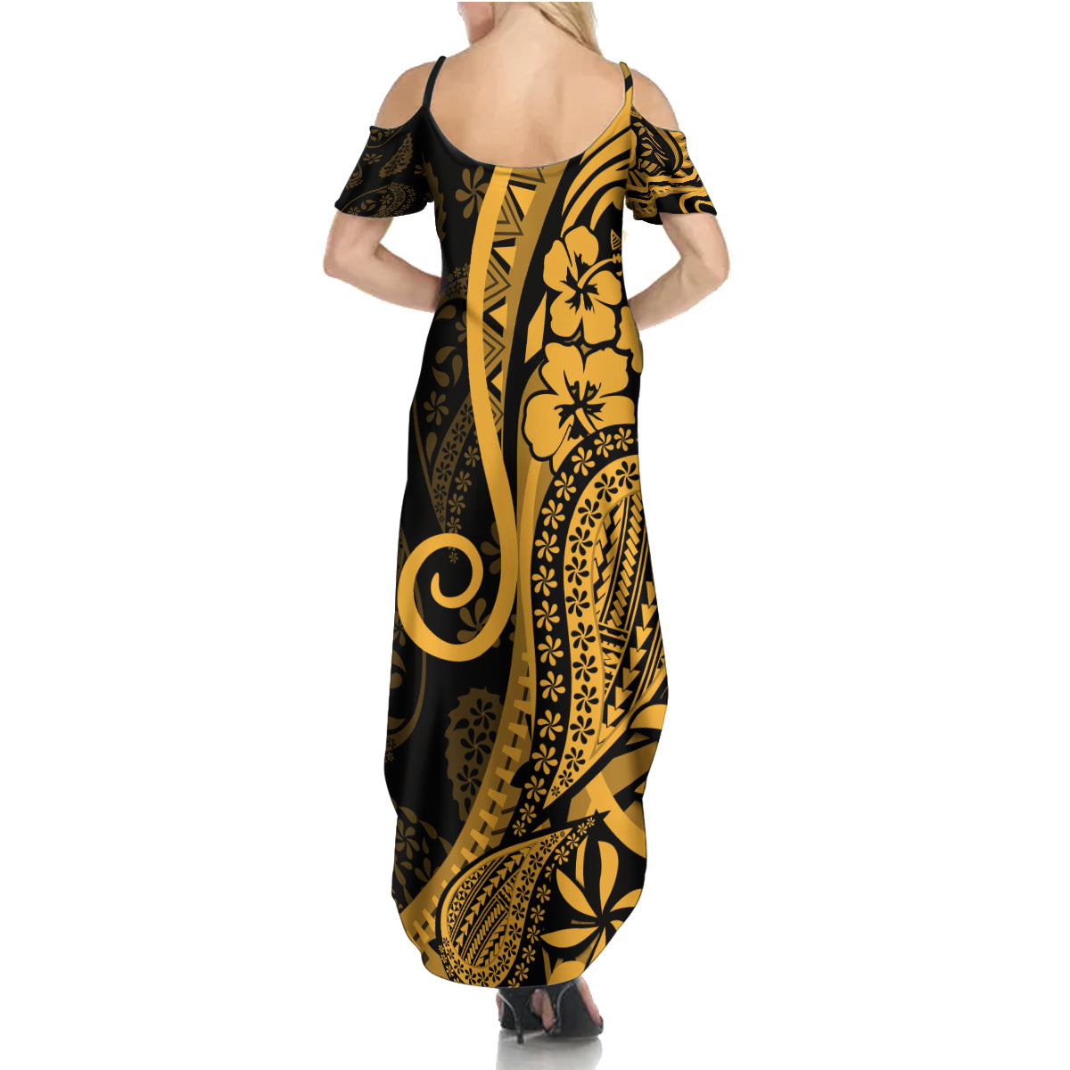 Gold Polynesia Paisley Family Matching Summer Maxi Dress and Hawaiian Shirt Polynesian With Tropical Flowers LT14 - Polynesian Pride