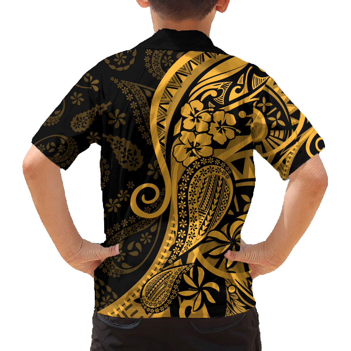 Gold Polynesia Paisley Family Matching Tank Maxi Dress and Hawaiian Shirt Polynesian With Tropical Flowers LT14 - Polynesian Pride