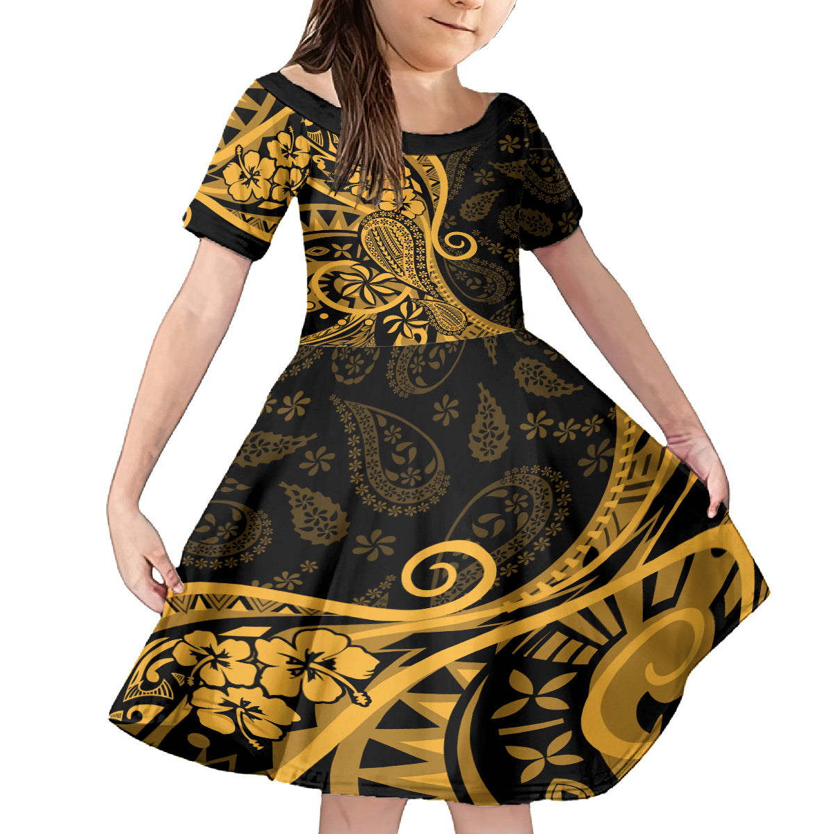 Gold Polynesia Paisley Family Matching Tank Maxi Dress and Hawaiian Shirt Polynesian With Tropical Flowers LT14 Daughter's Dress Gold - Polynesian Pride