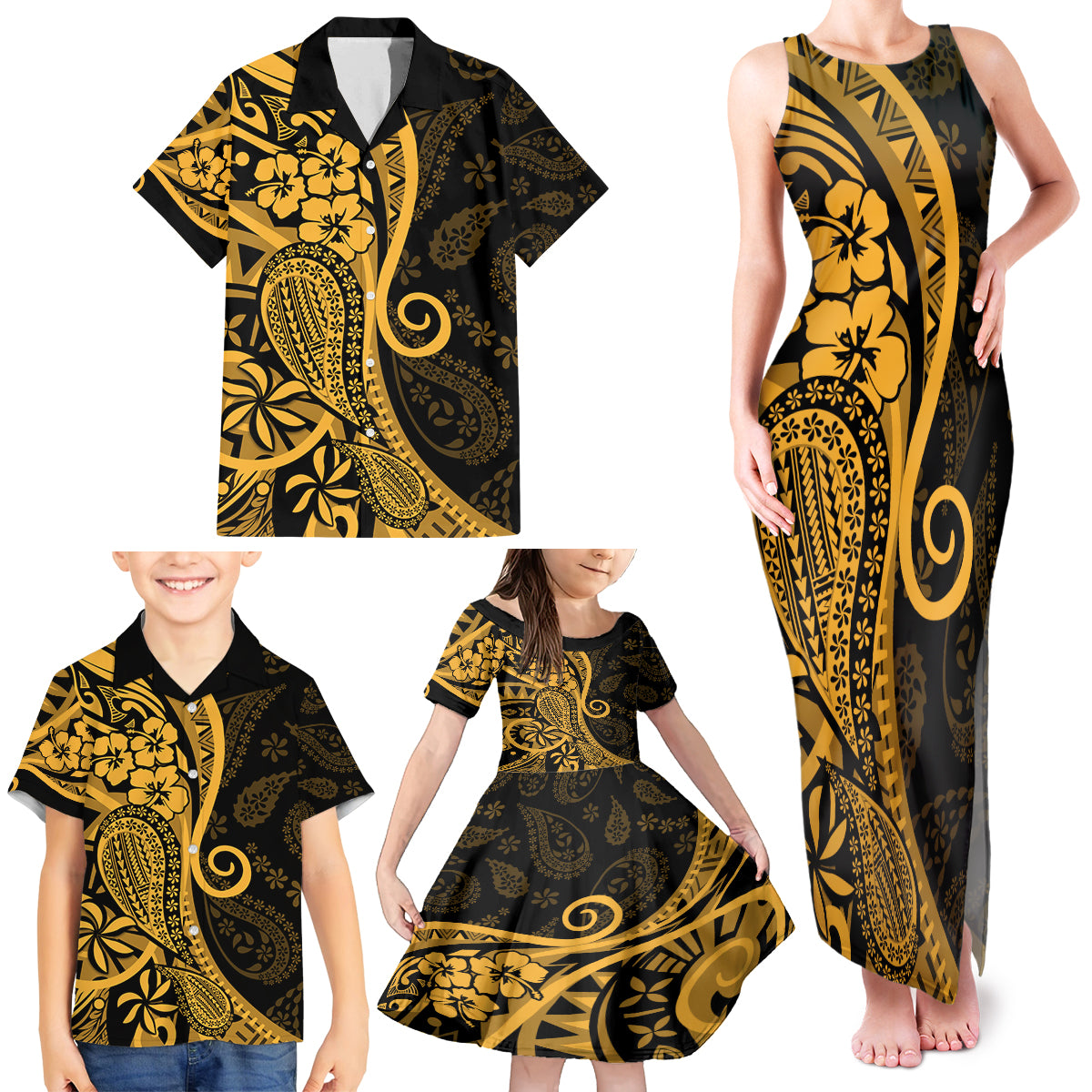 Gold Polynesia Paisley Family Matching Tank Maxi Dress and Hawaiian Shirt Polynesian With Tropical Flowers LT14 - Polynesian Pride