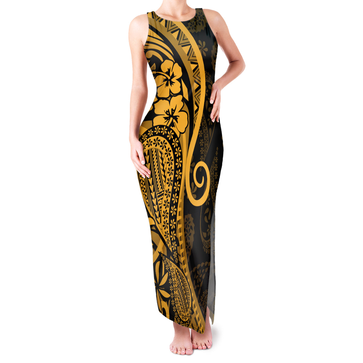 Gold Polynesia Paisley Family Matching Tank Maxi Dress and Hawaiian Shirt Polynesian With Tropical Flowers LT14 Mom's Dress Gold - Polynesian Pride
