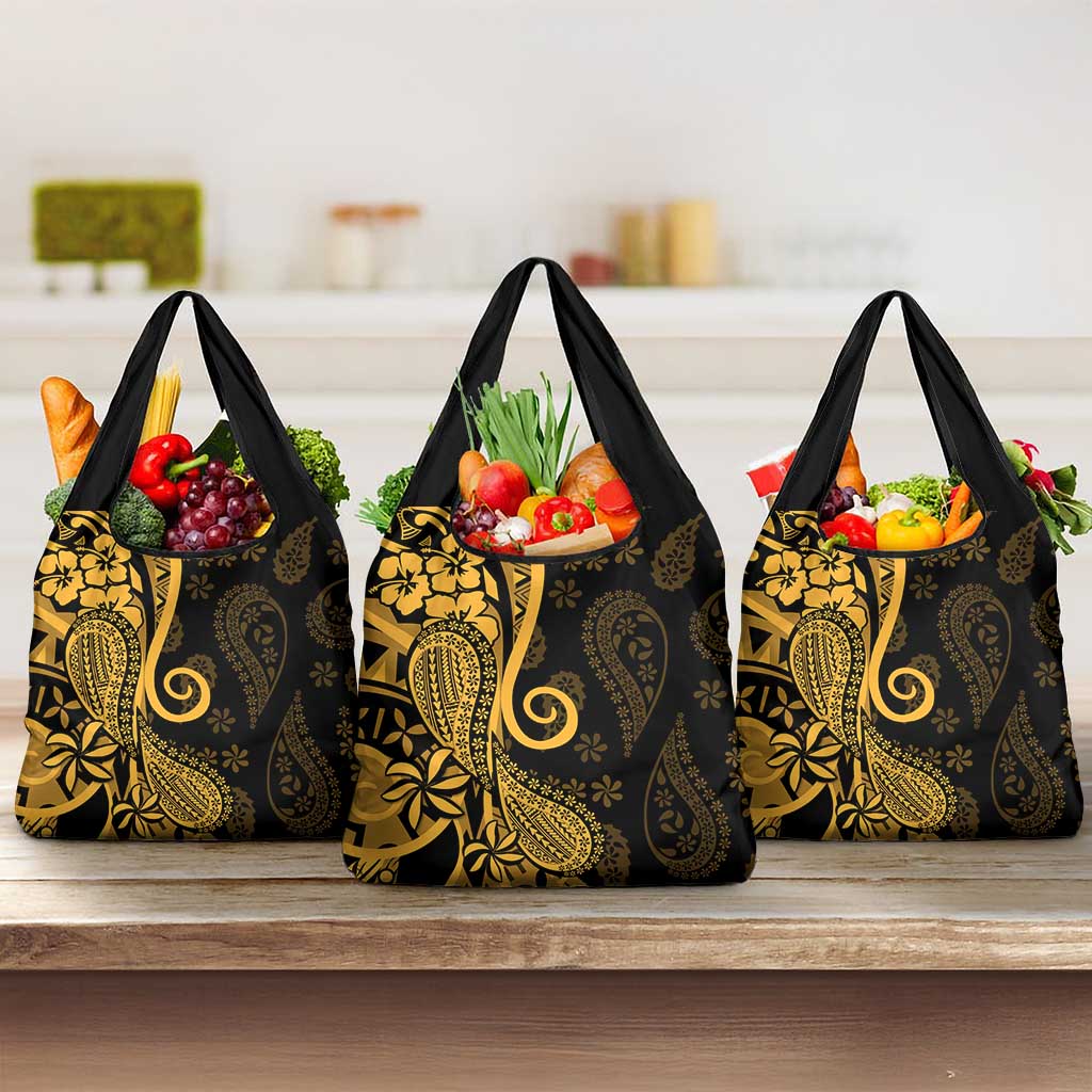 Gold Polynesia Paisley Grocery Bag Polynesian With Tropical Flowers LT14 3-pack One Size Gold - Polynesian Pride