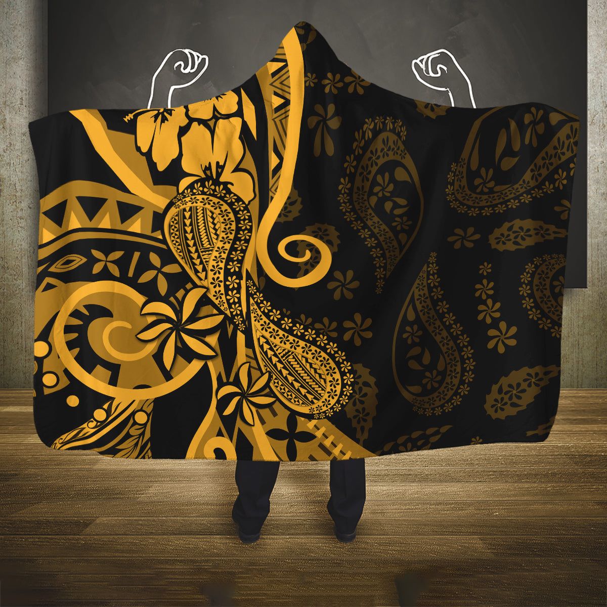 Gold Polynesia Paisley Hooded Blanket Polynesian With Tropical Flowers LT14 One Size Gold - Polynesian Pride