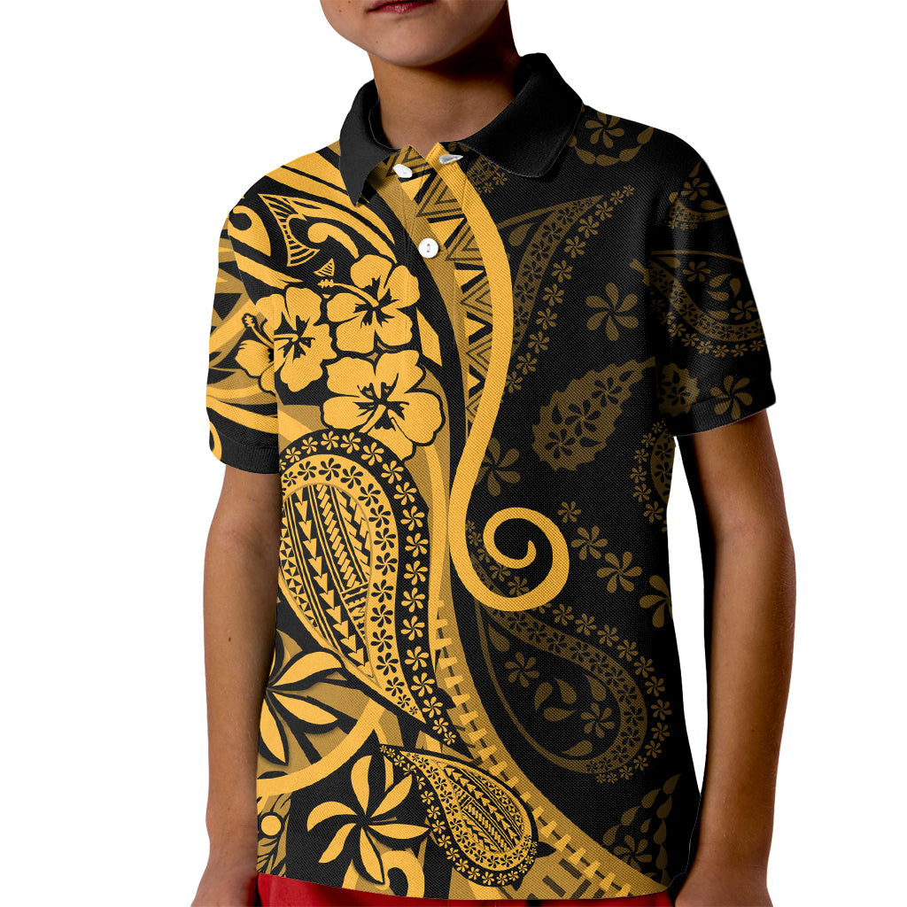 Gold Polynesia Paisley Kid Polo Shirt Polynesian With Tropical Flowers LT14 Kid Gold - Polynesian Pride
