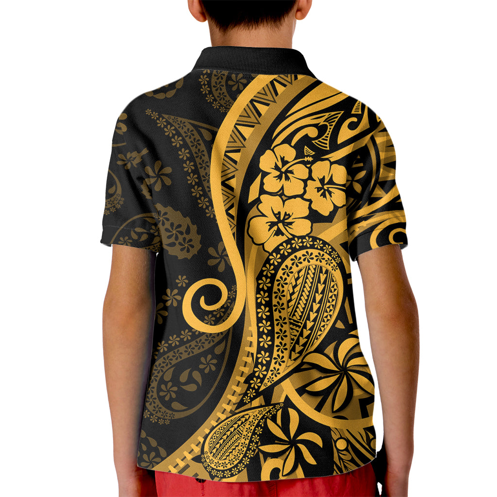 Gold Polynesia Paisley Kid Polo Shirt Polynesian With Tropical Flowers LT14 - Polynesian Pride