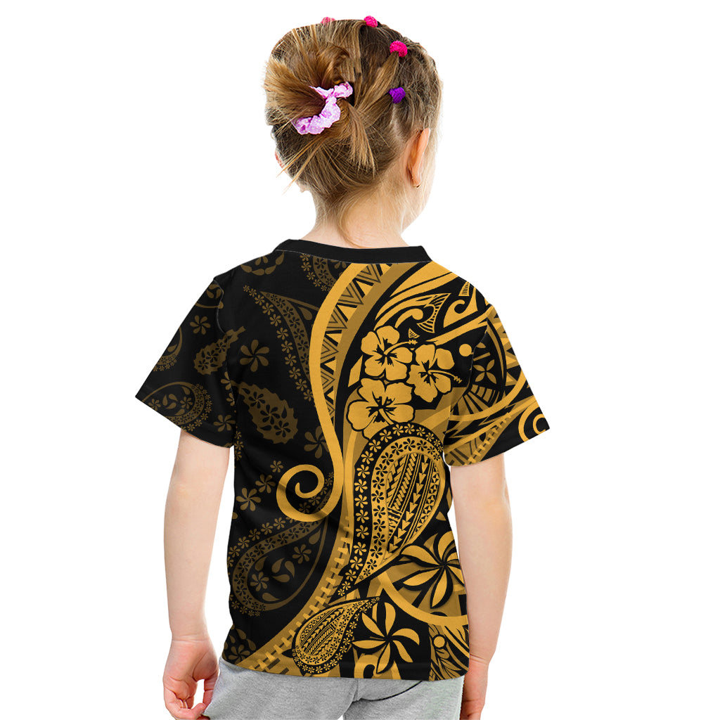 Gold Polynesia Paisley Kid T Shirt Polynesian With Tropical Flowers LT14 - Polynesian Pride