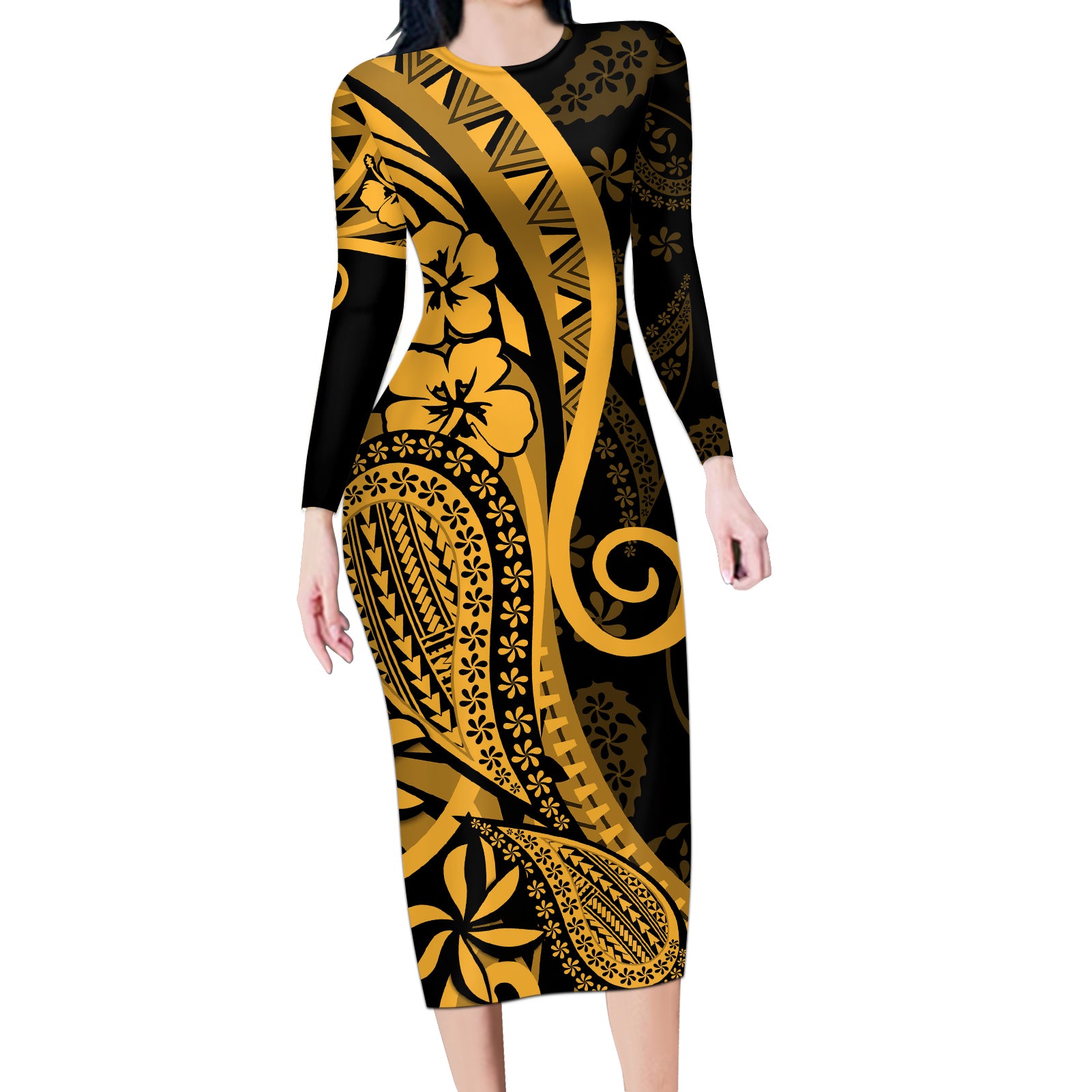 Gold Polynesia Paisley Long Sleeve Bodycon Dress Polynesian With Tropical Flowers LT14 Long Dress Gold - Polynesian Pride