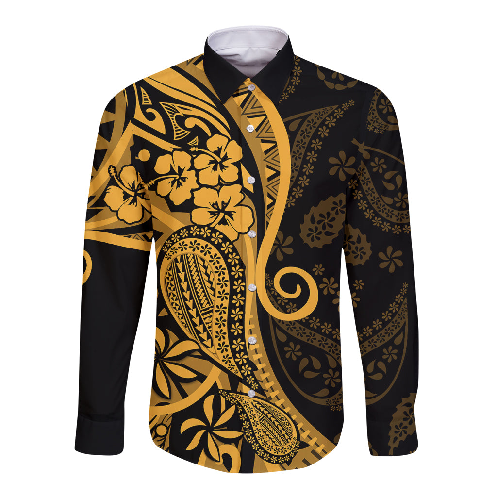 Gold Polynesia Paisley Long Sleeve Button Shirt Polynesian With Tropical Flowers LT14 Unisex Gold - Polynesian Pride