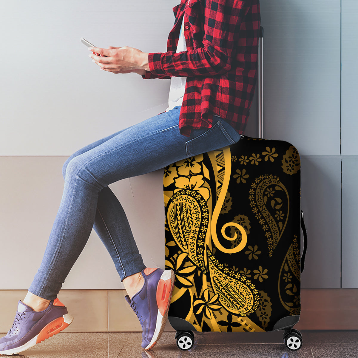 Gold Polynesia Paisley Luggage Cover Polynesian With Tropical Flowers LT14 - Polynesian Pride