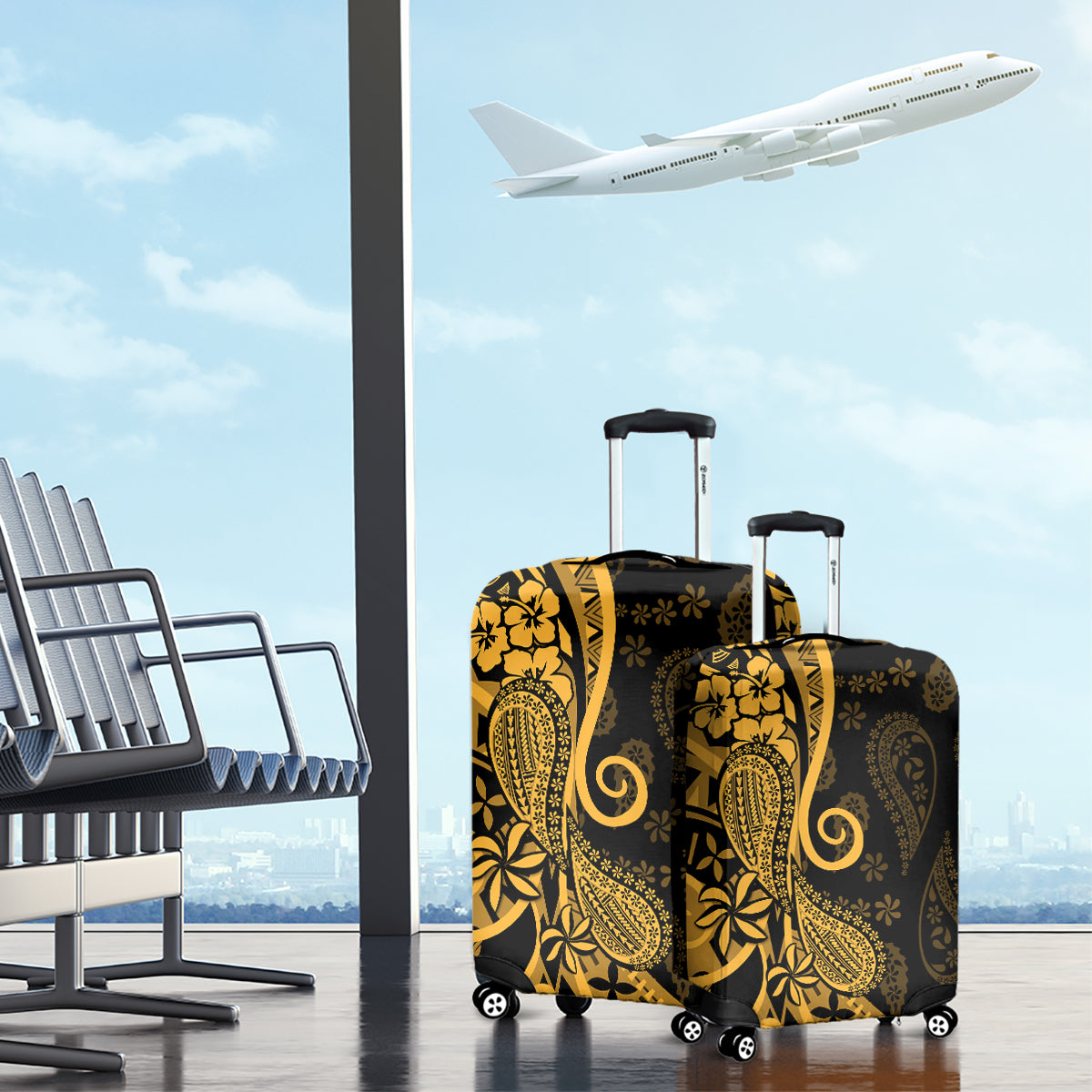 Gold Polynesia Paisley Luggage Cover Polynesian With Tropical Flowers LT14 - Polynesian Pride
