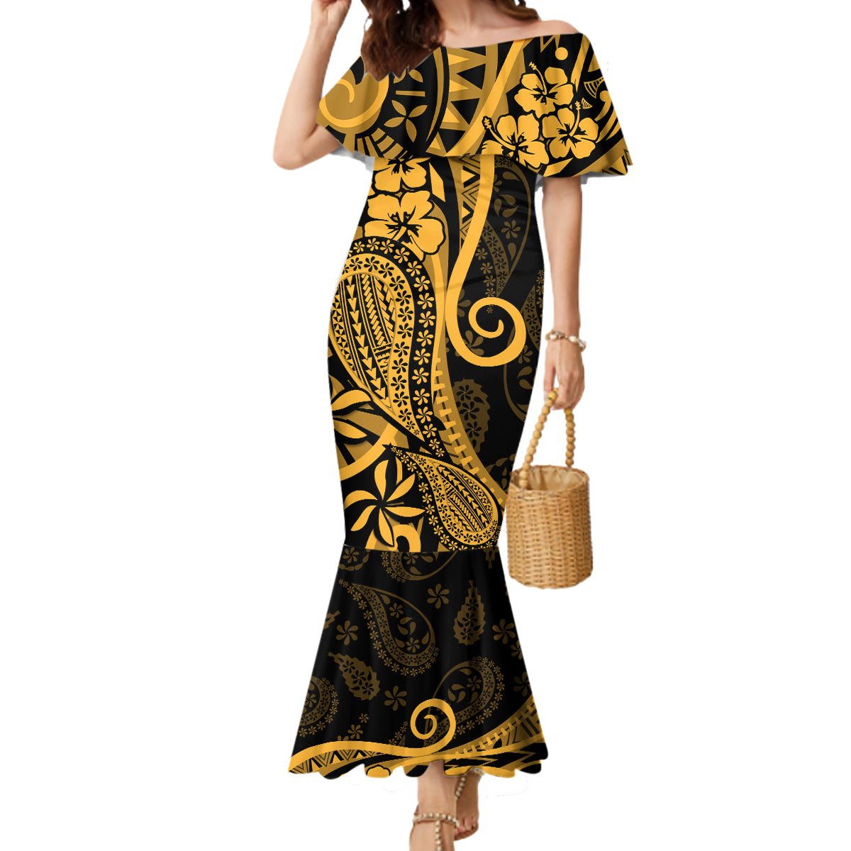 Gold Polynesia Paisley Mermaid Dress Polynesian With Tropical Flowers LT14 Women Gold - Polynesian Pride