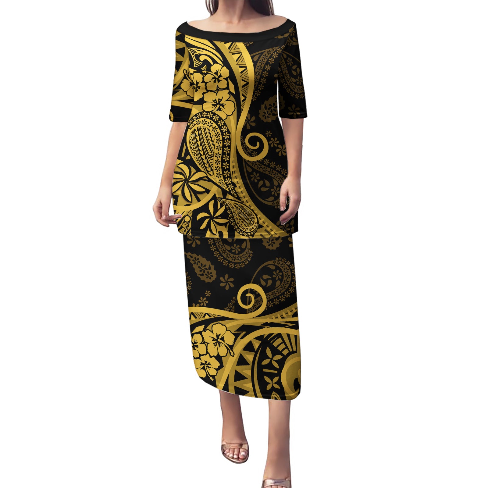 Gold Polynesia Paisley Puletasi Polynesian With Tropical Flowers LT14 Long Dress Gold - Polynesian Pride