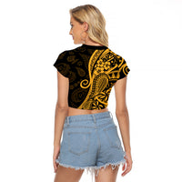 Gold Polynesia Paisley Raglan Cropped T Shirt Polynesian With Tropical Flowers LT14 - Polynesian Pride
