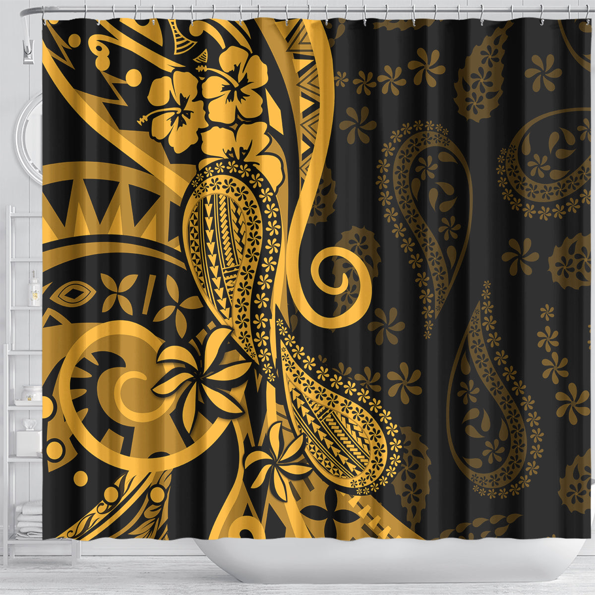 Gold Polynesia Paisley Shower Curtain Polynesian With Tropical Flowers LT14 - Polynesian Pride
