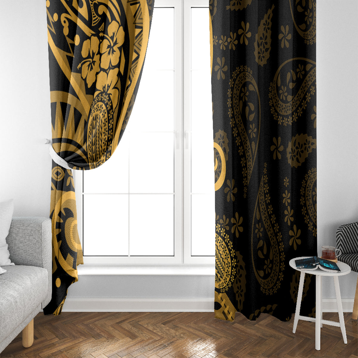 Gold Polynesia Paisley Window Curtain Polynesian With Tropical Flowers LT14 - Polynesian Pride