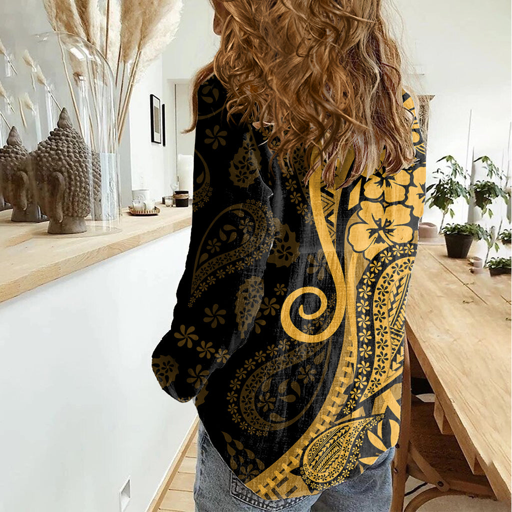 Gold Polynesia Paisley Women Casual Shirt Polynesian With Tropical Flowers LT14 - Polynesian Pride