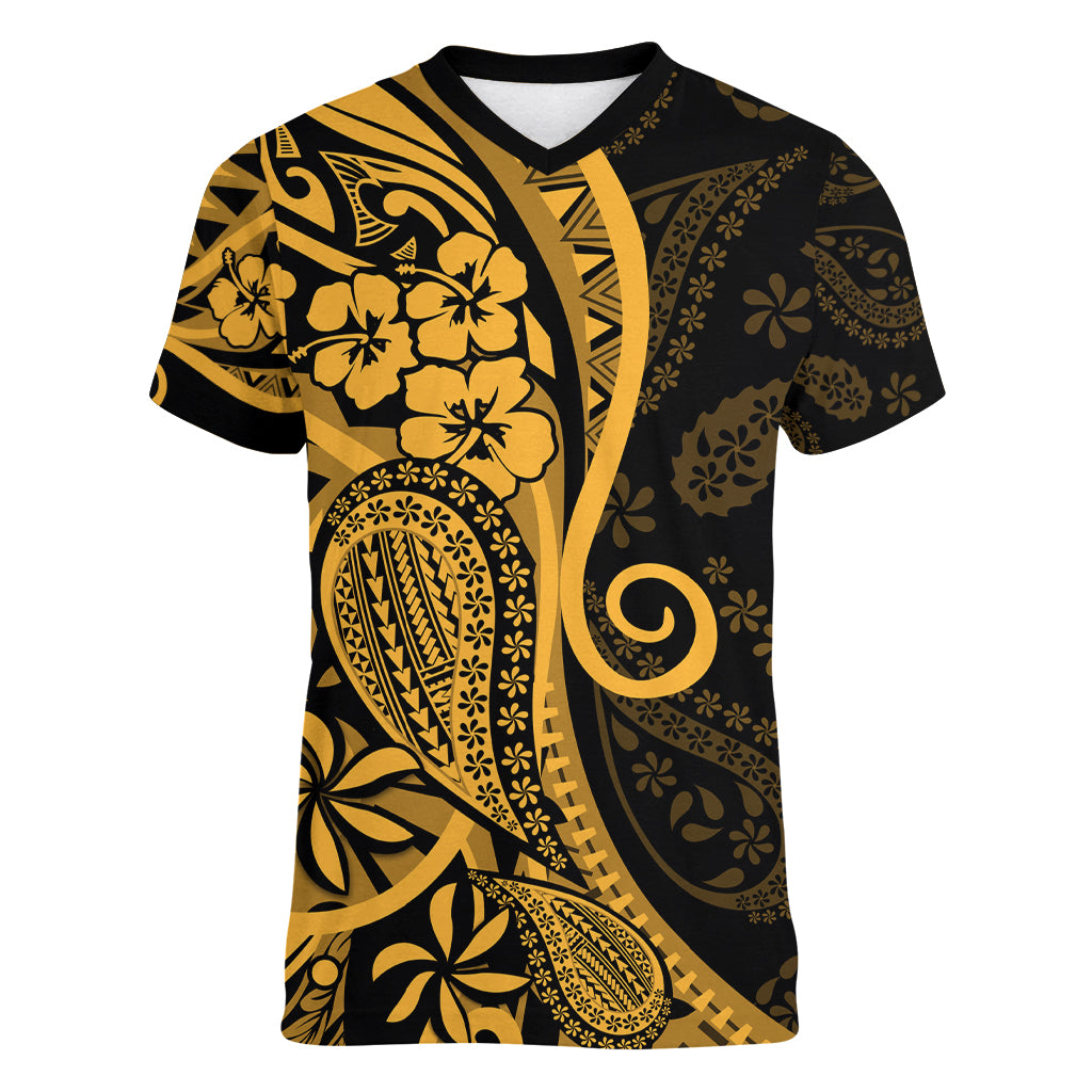 Gold Polynesia Paisley Women V Neck T Shirt Polynesian With Tropical Flowers LT14 Female Gold - Polynesian Pride