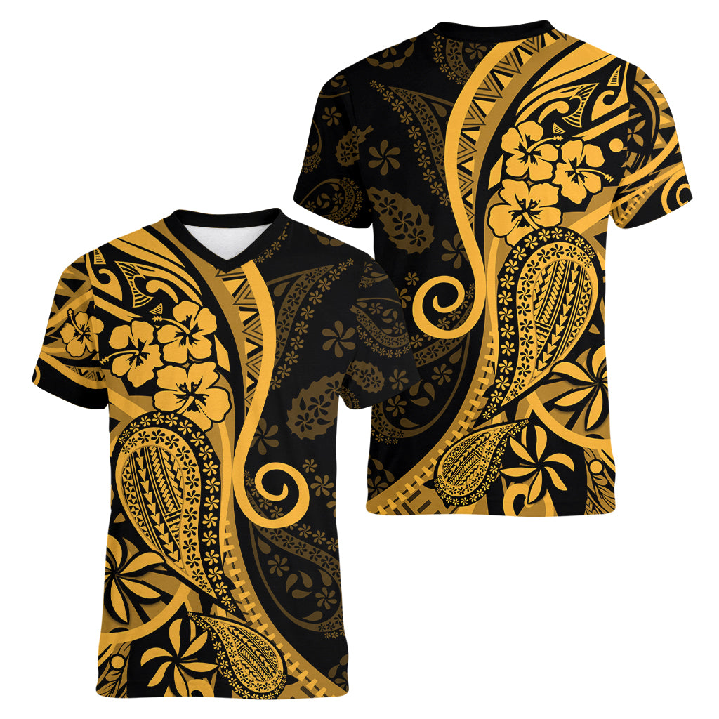 Gold Polynesia Paisley Women V Neck T Shirt Polynesian With Tropical Flowers LT14 - Polynesian Pride