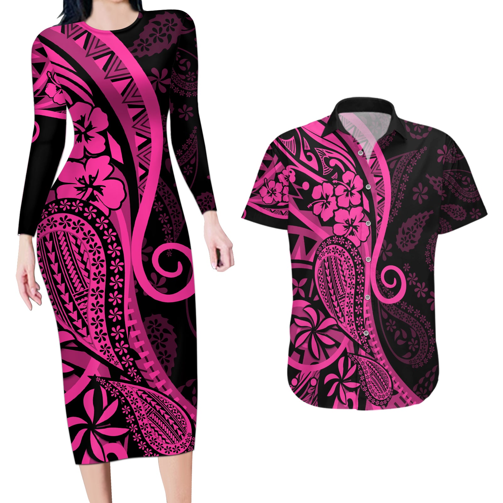 Pink Polynesia Paisley Couples Matching Long Sleeve Bodycon Dress and Hawaiian Shirt Polynesian With Tropical Flowers LT14 Pink - Polynesian Pride