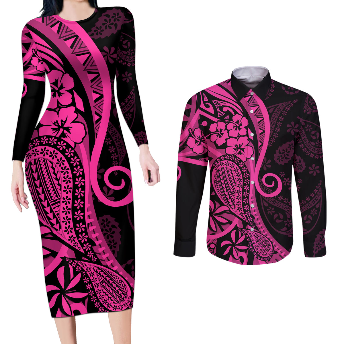 Pink Polynesia Paisley Couples Matching Long Sleeve Bodycon Dress and Long Sleeve Button Shirt Polynesian With Tropical Flowers LT14 Pink - Polynesian Pride