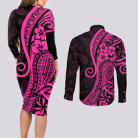 Pink Polynesia Paisley Couples Matching Long Sleeve Bodycon Dress and Long Sleeve Button Shirt Polynesian With Tropical Flowers LT14 - Polynesian Pride