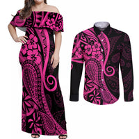 Pink Polynesia Paisley Couples Matching Off Shoulder Maxi Dress and Long Sleeve Button Shirt Polynesian With Tropical Flowers LT14 Pink - Polynesian Pride
