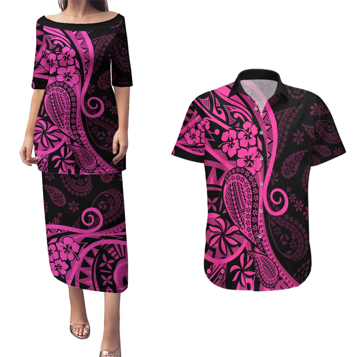 Pink Polynesia Paisley Couples Matching Puletasi Dress and Hawaiian Shirt Polynesian With Tropical Flowers LT14 Pink - Polynesian Pride
