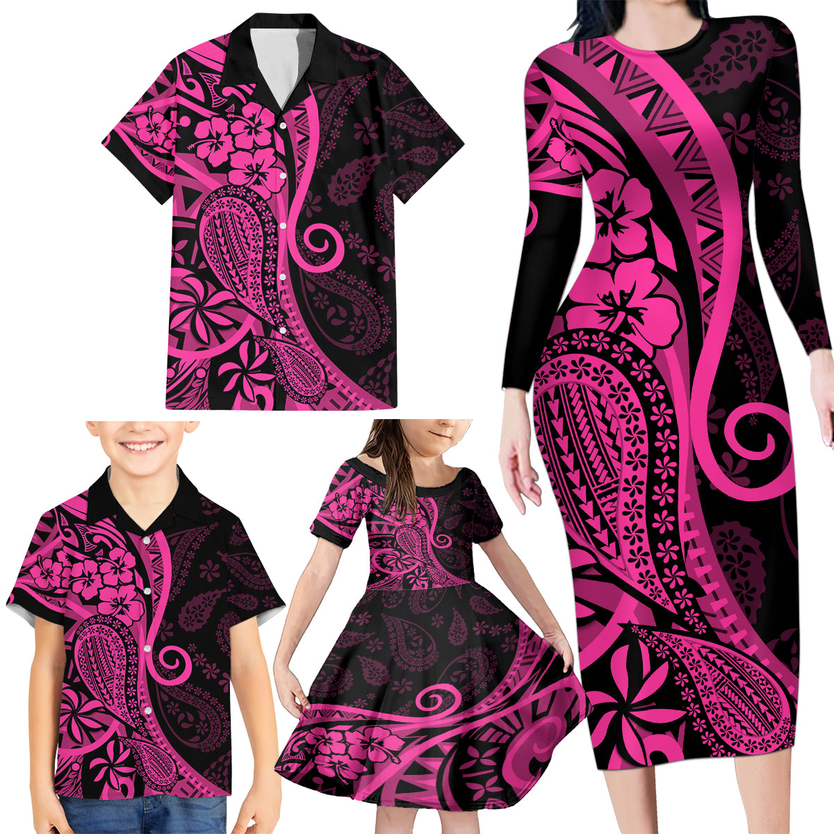 Pink Polynesia Paisley Family Matching Long Sleeve Bodycon Dress and Hawaiian Shirt Polynesian With Tropical Flowers LT14 - Polynesian Pride