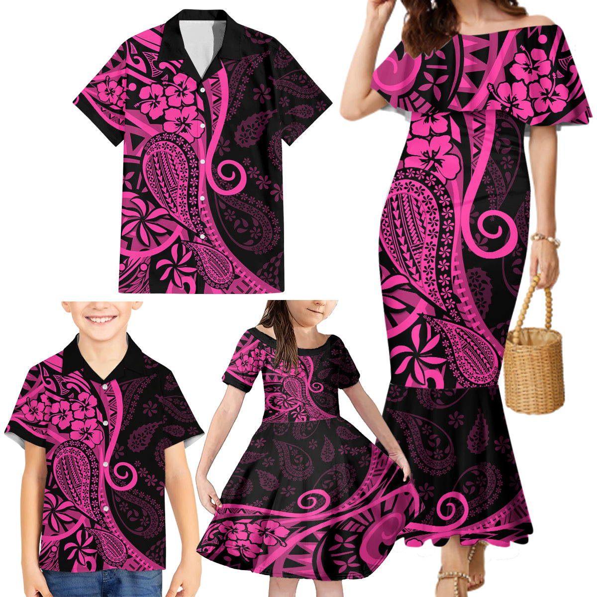 Pink Polynesia Paisley Family Matching Mermaid Dress and Hawaiian Shirt Polynesian With Tropical Flowers LT14 - Polynesian Pride