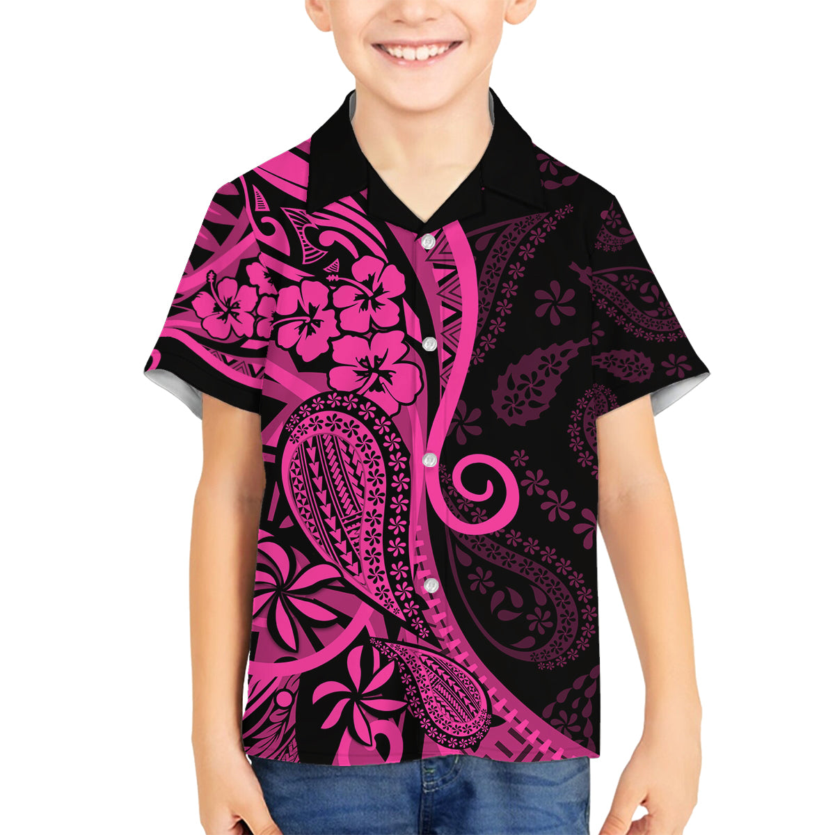 Pink Polynesia Paisley Family Matching Off Shoulder Long Sleeve Dress and Hawaiian Shirt Polynesian With Tropical Flowers LT14 Son's Shirt Pink - Polynesian Pride