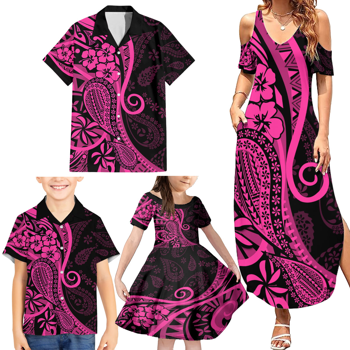 Pink Polynesia Paisley Family Matching Summer Maxi Dress and Hawaiian Shirt Polynesian With Tropical Flowers LT14 - Polynesian Pride