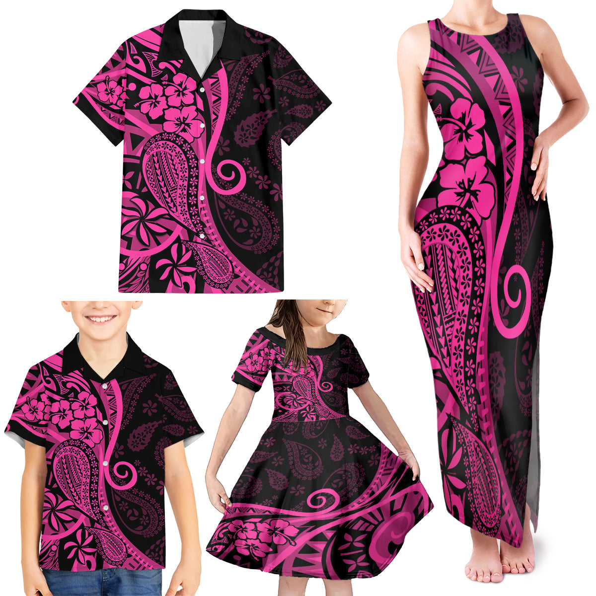 Pink Polynesia Paisley Family Matching Tank Maxi Dress and Hawaiian Shirt Polynesian With Tropical Flowers LT14 - Polynesian Pride