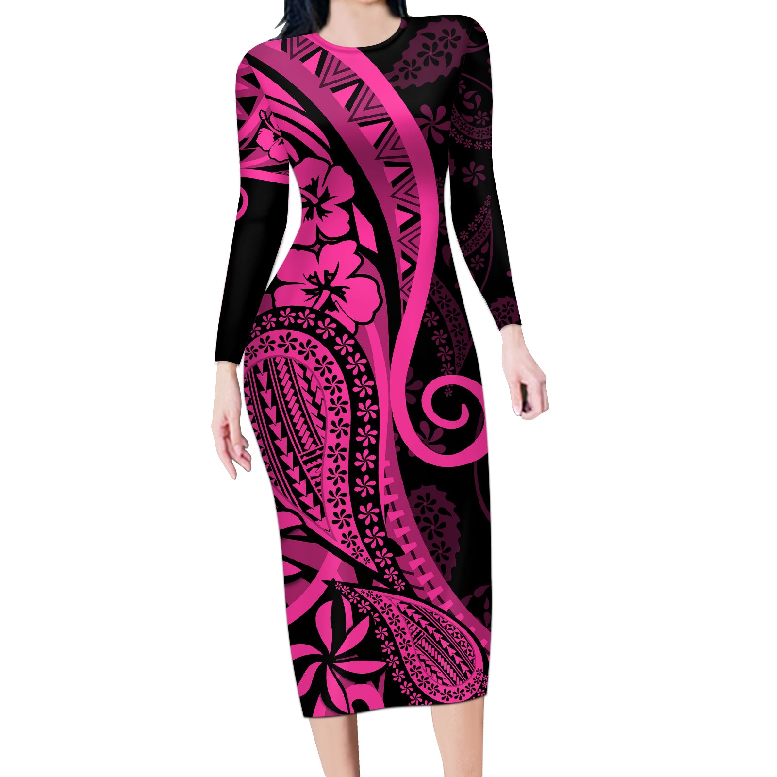 Pink Polynesia Paisley Long Sleeve Bodycon Dress Polynesian With Tropical Flowers LT14 Long Dress Pink - Polynesian Pride