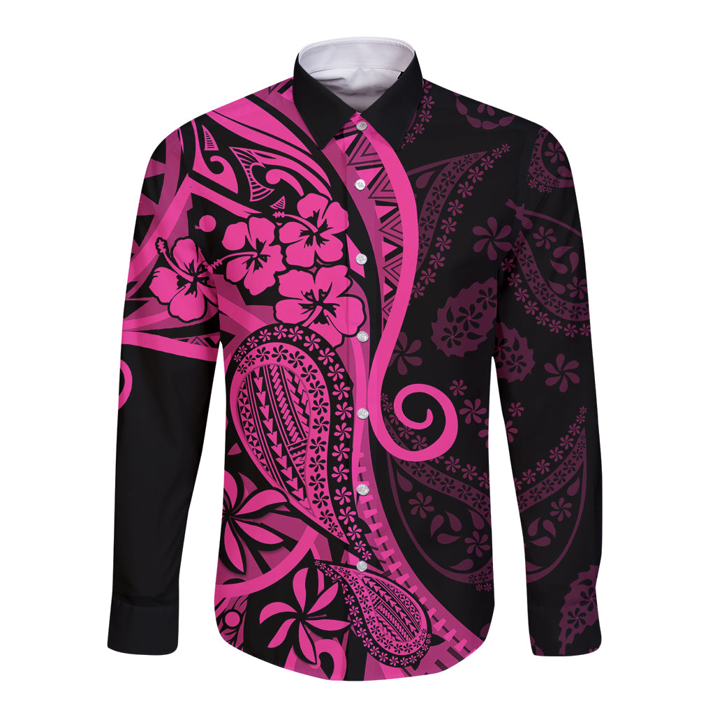 Pink Polynesia Paisley Long Sleeve Button Shirt Polynesian With Tropical Flowers LT14 Unisex Pink - Polynesian Pride