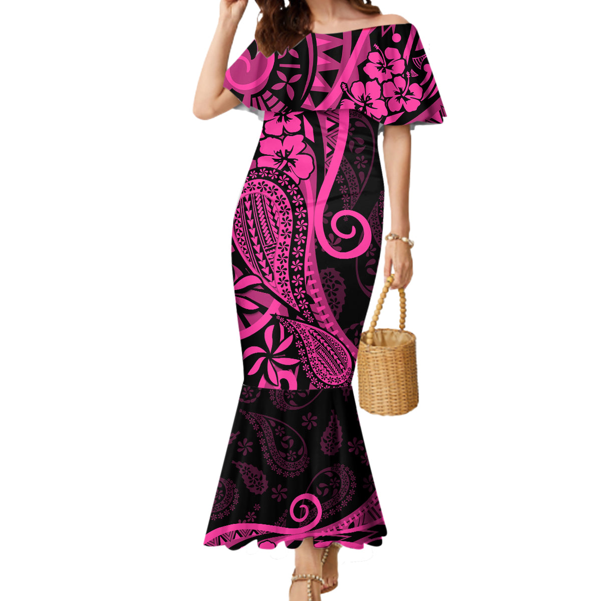 Pink Polynesia Paisley Mermaid Dress Polynesian With Tropical Flowers LT14 Women Pink - Polynesian Pride