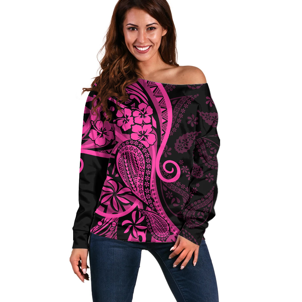 Pink Polynesia Paisley Off Shoulder Sweater Polynesian With Tropical Flowers LT14 Women Pink - Polynesian Pride