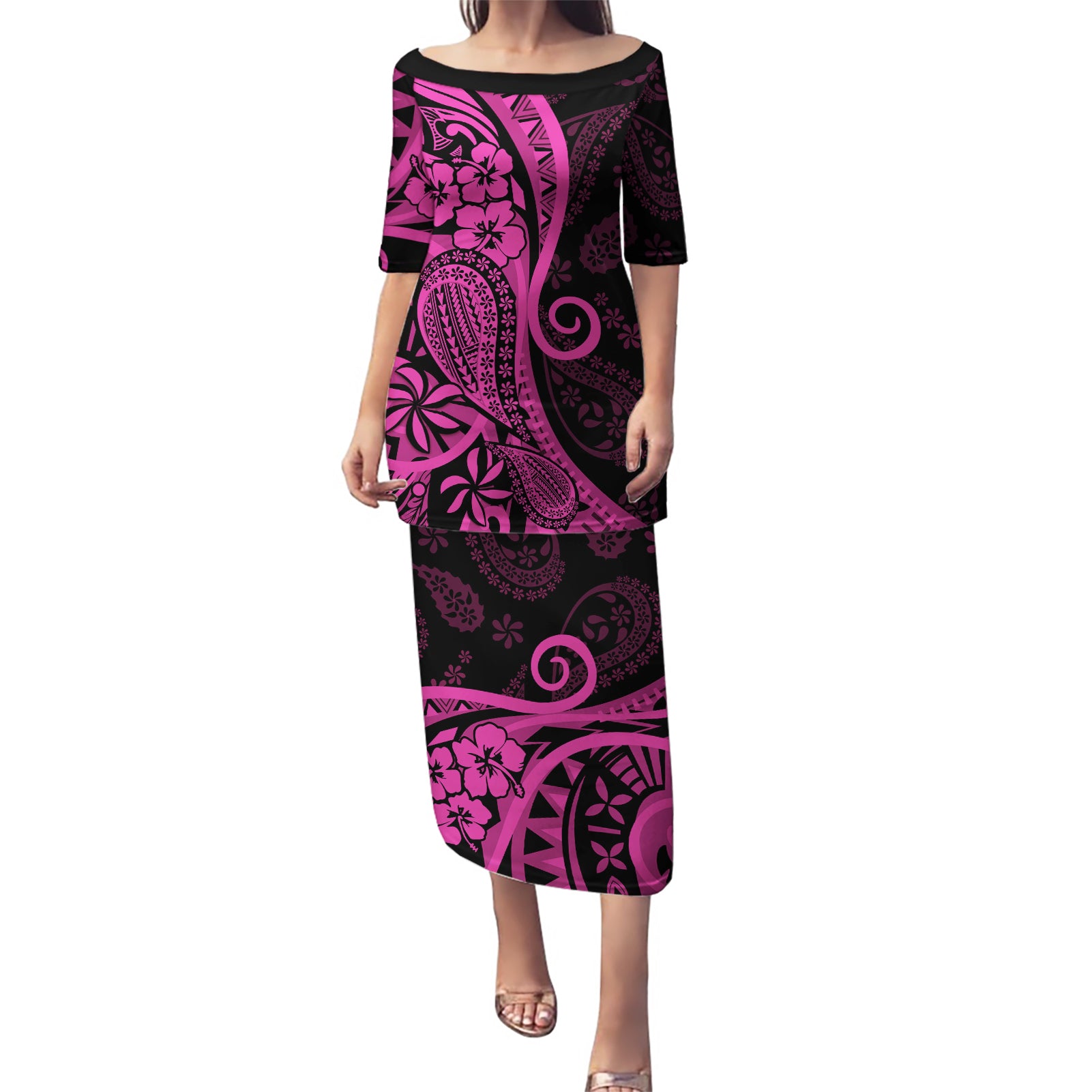 Pink Polynesia Paisley Puletasi Polynesian With Tropical Flowers LT14 Long Dress Pink - Polynesian Pride