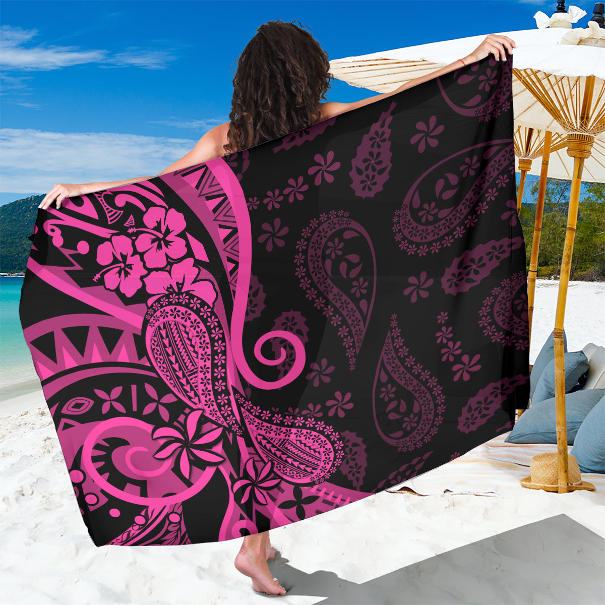 Pink Polynesia Paisley Sarong Polynesian With Tropical Flowers LT14 One Size 44 x 66 inches Pink - Polynesian Pride
