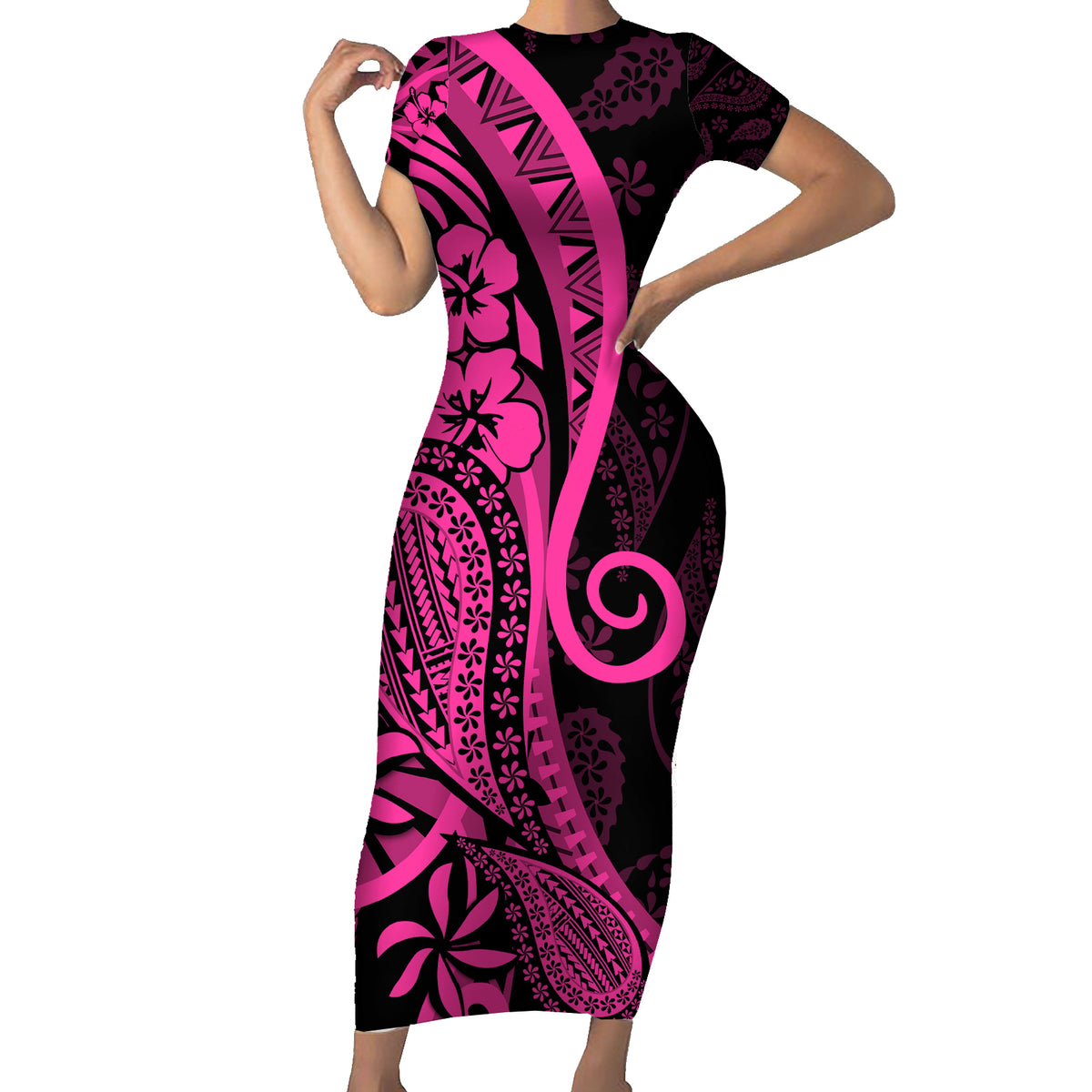 Pink Polynesia Paisley Short Sleeve Bodycon Dress Polynesian With Tropical Flowers LT14 Long Dress Pink - Polynesian Pride