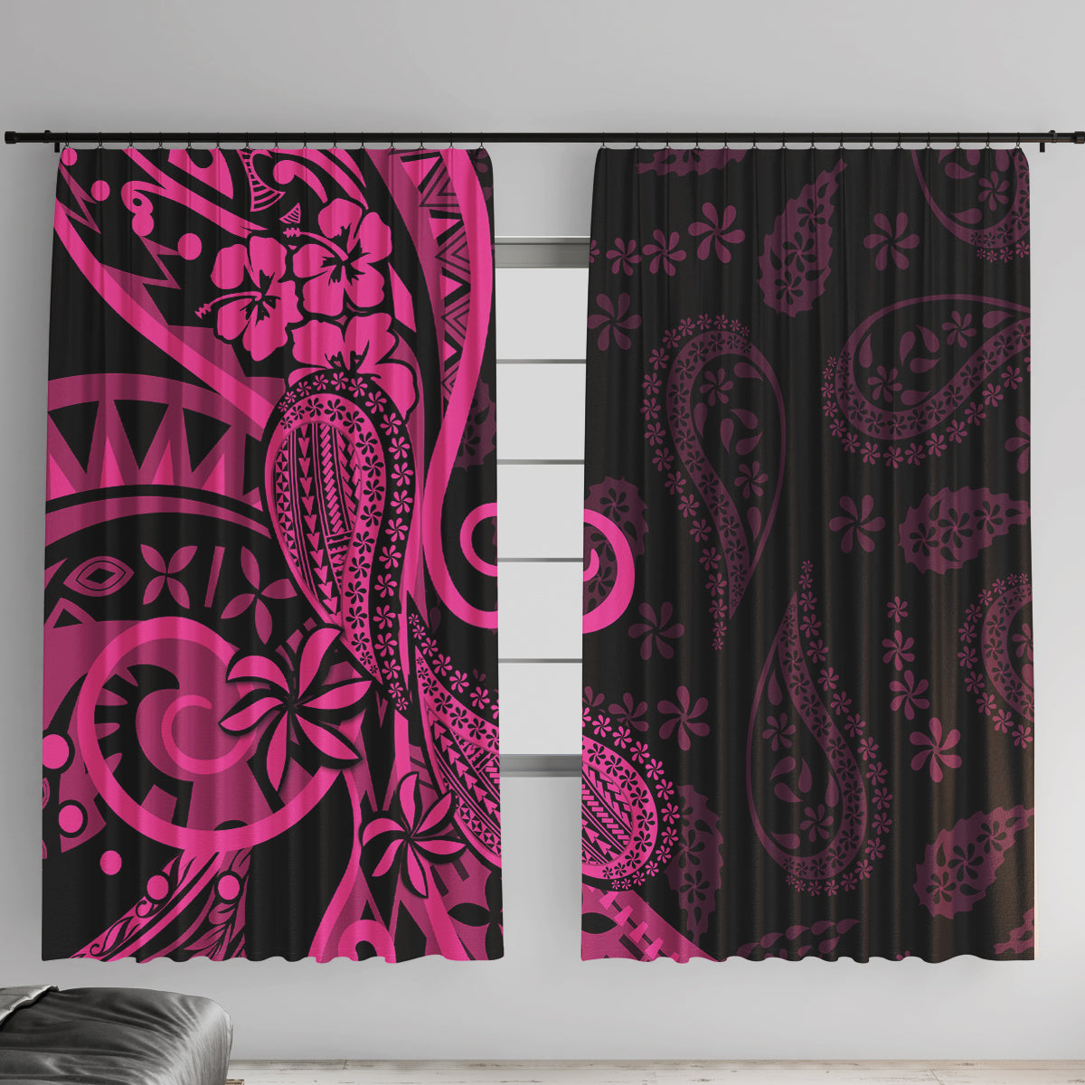 Pink Polynesia Paisley Window Curtain Polynesian With Tropical Flowers LT14 With Hooks Pink - Polynesian Pride