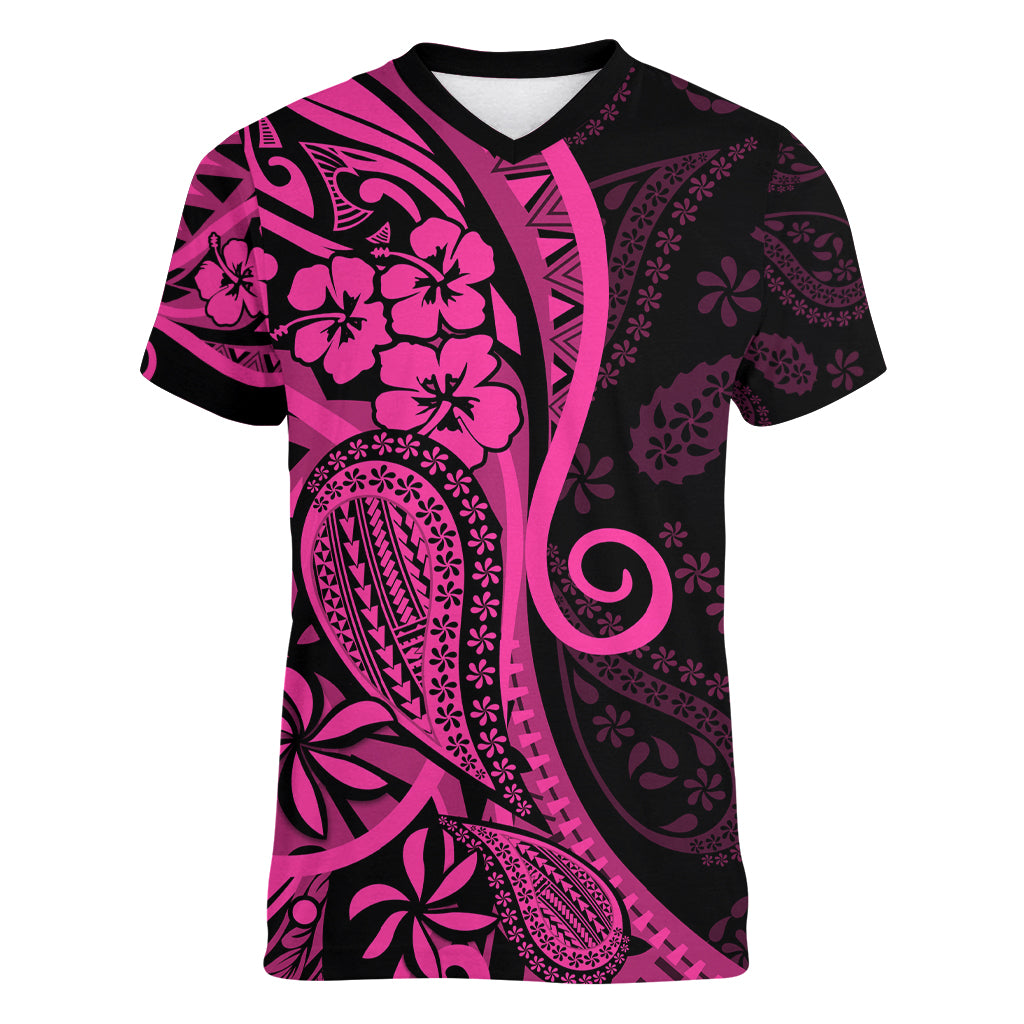 Pink Polynesia Paisley Women V Neck T Shirt Polynesian With Tropical Flowers LT14 Female Pink - Polynesian Pride