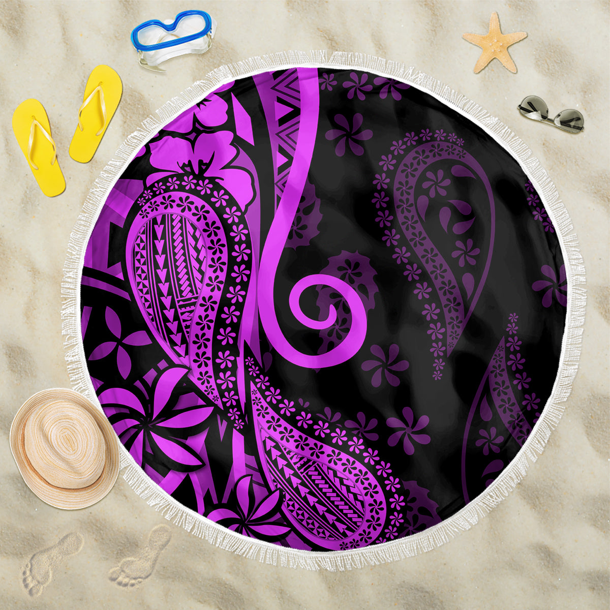 Polynesia Paisley Beach Blanket Polynesian With Tropical Flowers - Purple LT14 One Size 150cm Purple - Polynesian Pride