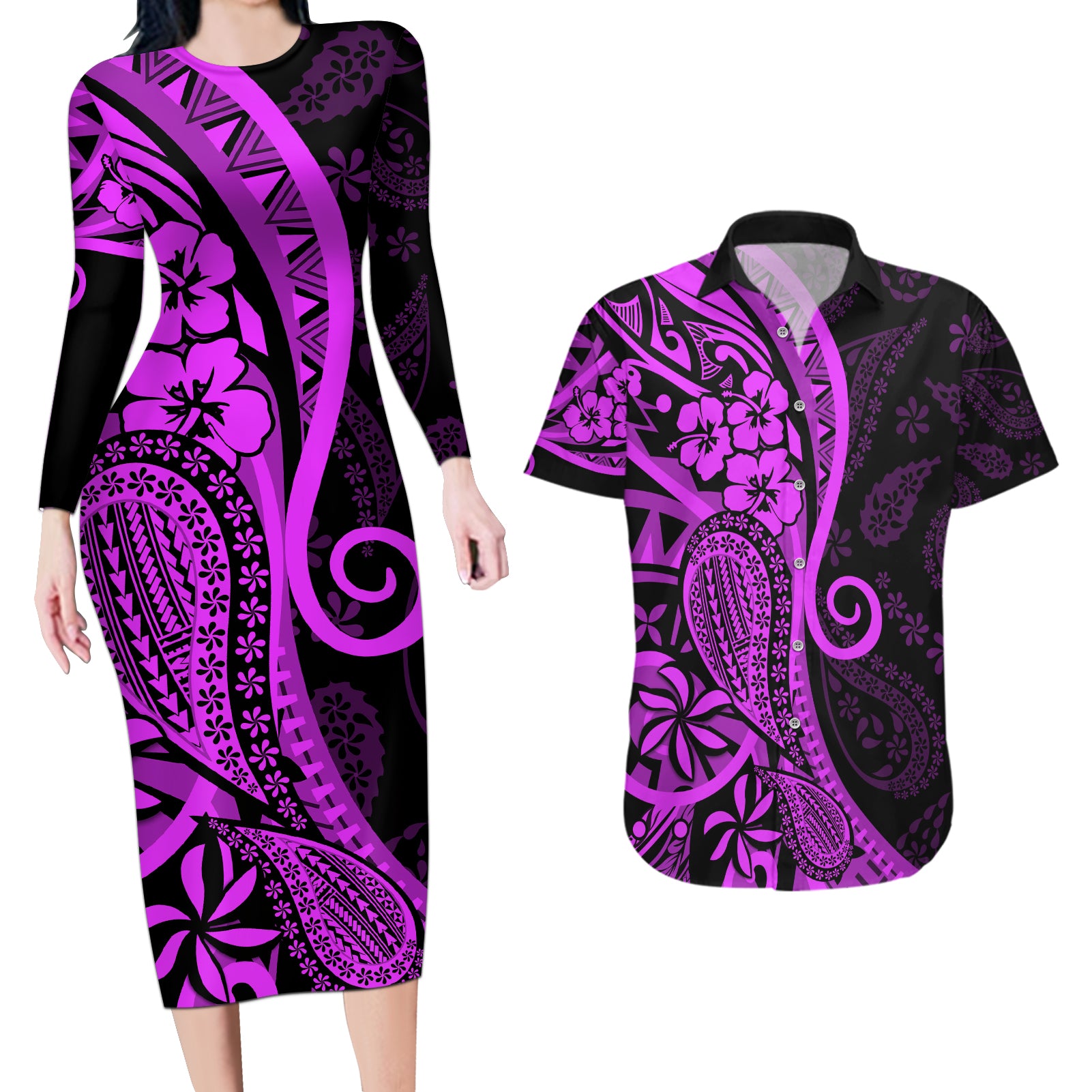 Polynesia Paisley Couples Matching Long Sleeve Bodycon Dress and Hawaiian Shirt Polynesian With Tropical Flowers - Purple LT14 Purple - Polynesian Pride